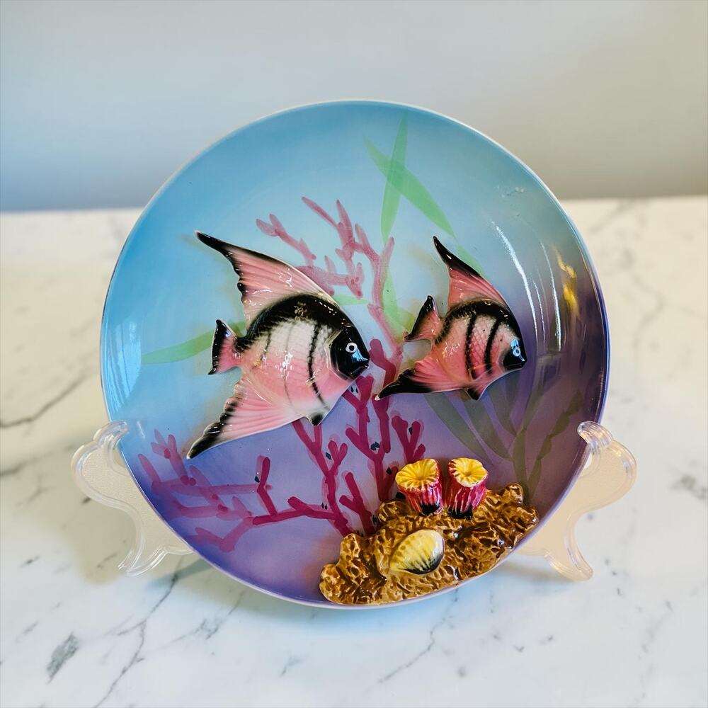 VINTAGE Japan 50s Mid Century Lefton Pink Angelfish Coral Ceramic 3D 60s Plate